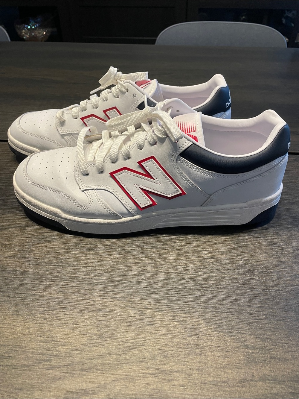 New Balance BB480 White Sneakers with Red Logo and Navy Collar